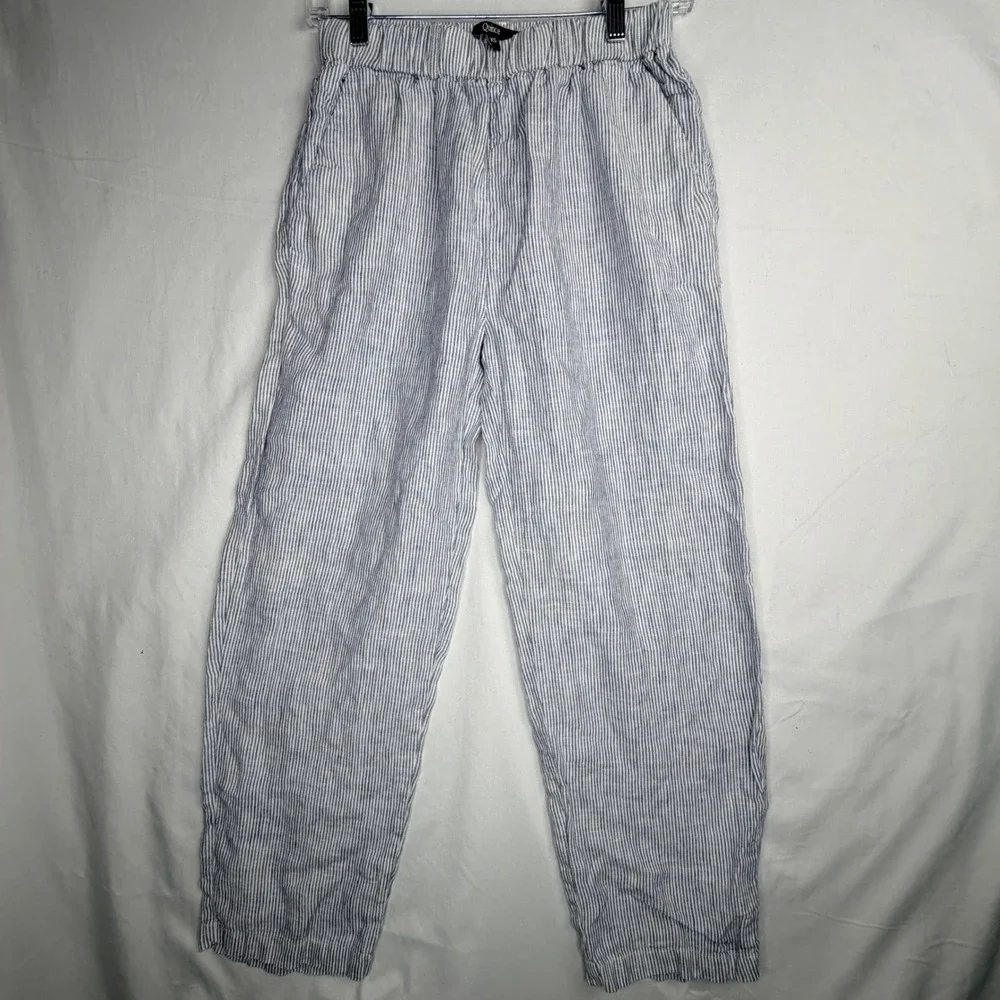 Quince Linen Pants XS Blue White Striped Elastic Waist Straight Leg Trousers